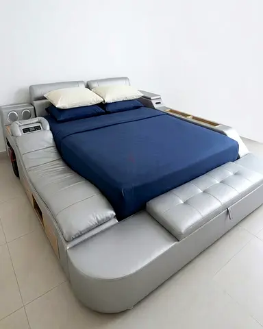 Large modern multifunctional platform bed with built-in storage projector and speakers.