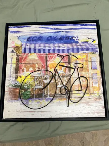 Framed Decorative Bicycle Wall Art — Rustic Coastal Print with Metal Accent
