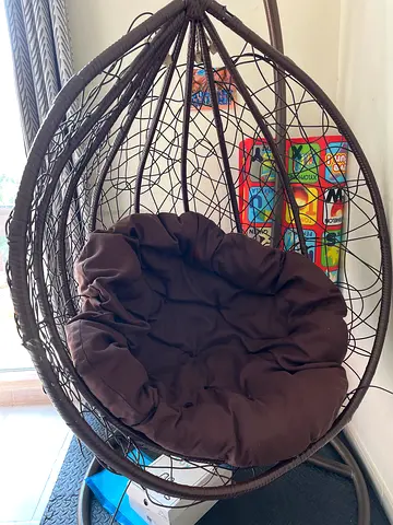 Wicker hanging egg chair with cushion - good condition