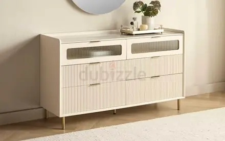 Cream ribbed dresser with marble top - 4-drawer storage chest