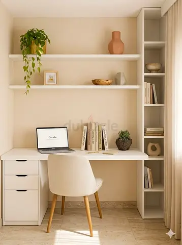 Compact white study desk with shelving and chair -