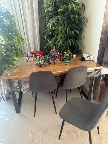 Solid Wood Dining Table with 6 Grey Upholstered Chairs - Modern Set - Perfect Condition