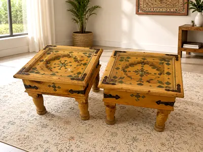 Pair of Solid Wood Handcrafted Side Tables with Glass Top