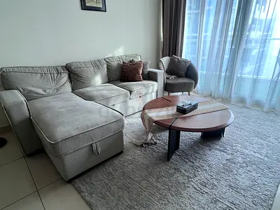 3 seater Sofa Cum Bed + coffee table + side table + tv wall unit set with storage + side lamp