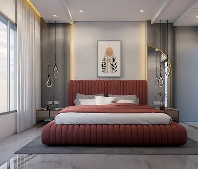 Customised Modern upholstered king-size platform bed with headboard (red/maroon)
