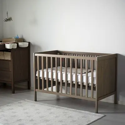 Wooden Baby Crib in Grey-Brown — Good Condition