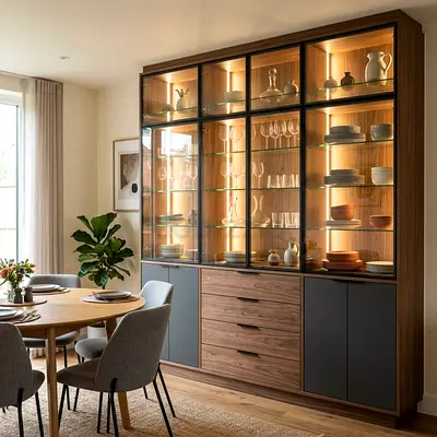Large Wooden Display Cabinet with Glass Doors and Built-in Lighting