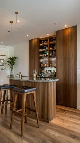 Solid Wood Home Bar with Built-in Back Shelving and Marble Top