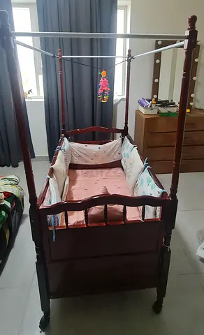 Wooden baby crib with canopy frame and mattress, First come first buy