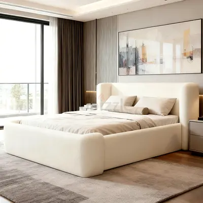 Beige velvet upholstered thick soft curved king bed