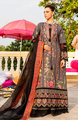 Maryum and Maria 3 piece large Embroidered Grey Lawn Suit with Black khaadi net embroidered Dupatta