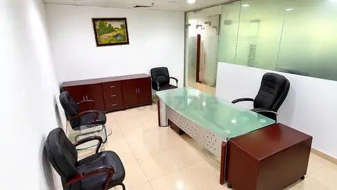 Executive Glass Top Office Desk Set with Chairs and Storage - Good Condition