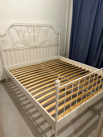 White Metal Double Bed Frame with Decorative Headboard (Queen/Double)