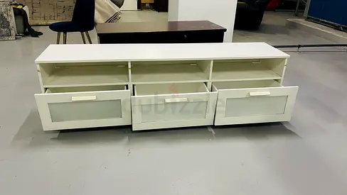 White TV Unit / Media Console with 3 Drawers - Modern Low Cabinet