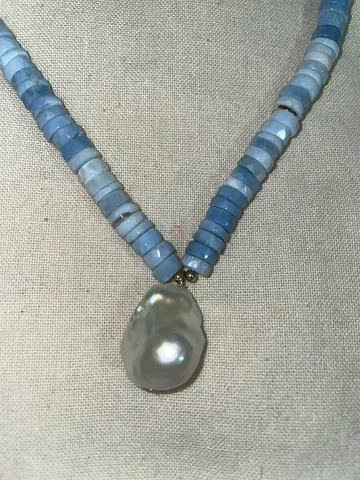Blue Opal Necklace with Natural Baroque Pearl Pendant.