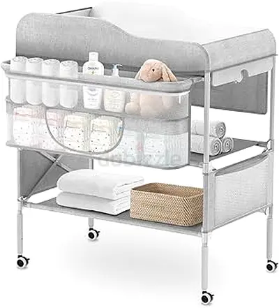 Multipurpose Baby Changing Table with Storage and Hanging Rail - Light Grey