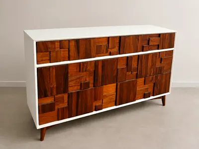 Modern White Buffet Sideboard with Mosaic Wood Panel Design