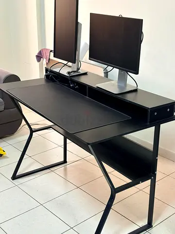 Black Computer Desk with Raised Monitor Shelf — Good Condition