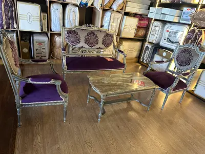 Classic carved wooden living room set - 3 pieces with purple upholstery