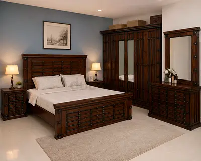 Rustic Solid Wood Bedroom Set with Wardrobe and Dresser