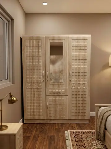 Light wood 3-door wardrobe with mirror -