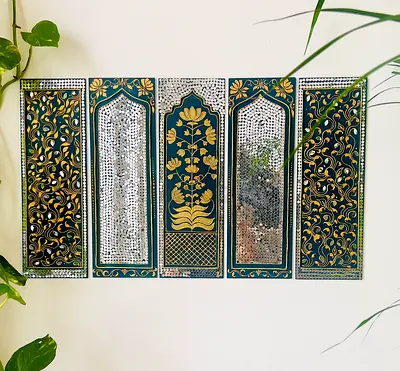 Handmade Mirrored Mughlai Art Wall Panel - Set of 5 Decorative Panels