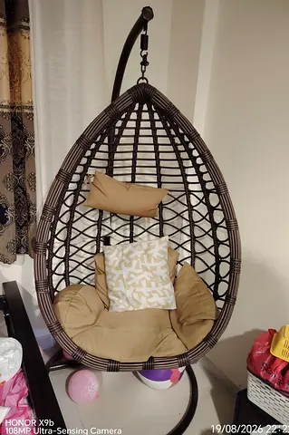 Brown Rattan Egg Swing Chair with Stand and Cushions