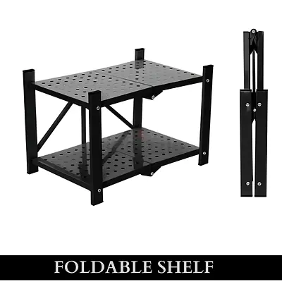 FOLDABLE DESKTOP STORAGE RACK BLACK – 2 TIER METAL ORGANIZER SHELF