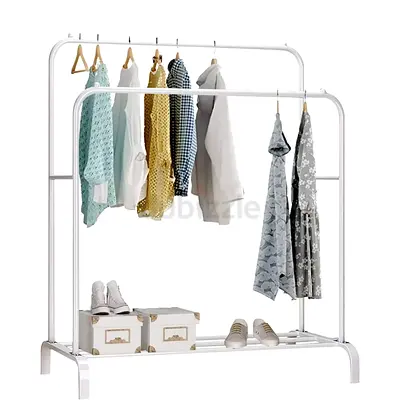 Double Pole Cloth Rack With Hooks And Bottom Single Layer Storage Cloth Rack, White Colour
