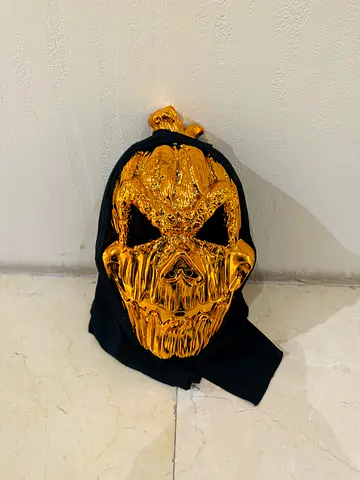 Gold Metallic Skull Mask with Black Hood - Decorative Costume Prop