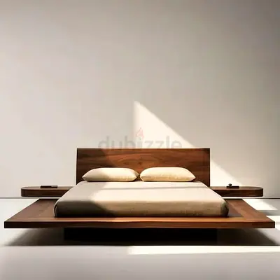 Modern low-profile wooden platform bed with integrated side tables