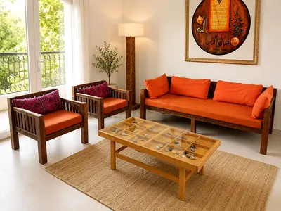 Hand-Carved Solid Wood Sofa Set with Orange Cushions