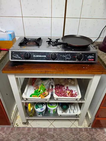 Portable 3-Burner Gas Stove with Wooden Top - Good Working Condition