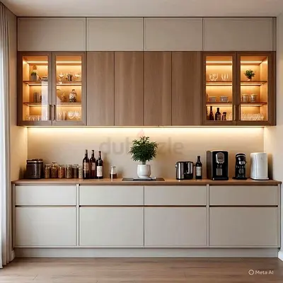 Modern Wall-mounted Kitchen Cabinets with Glass Display and LED Lighting