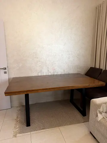 Solid Wood Dining Table with Black Metal Legs — Good Condition