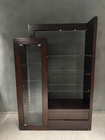 Dark Wood Display Cabinet with Glass Shelves and Drawer
