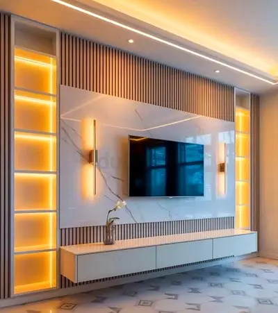 Modern wall-mounted TV entertainment panel with built-in LED shelves