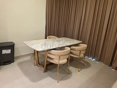 Marble-top Dining Table with 4 Upholstered Gold Frame Chairs (Like New)
