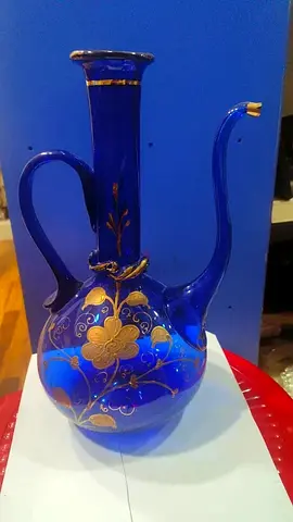 Blue vase glass with floral design-35cm height