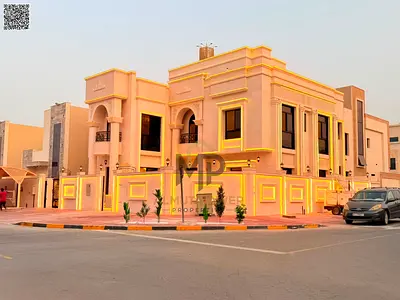 Corner Villa with (pool) (classic design) for sale|ajman|al zahia|6 master rooms, majlis, 2 halls, roof|freehold|0 registration fees.