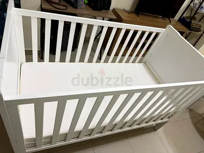 White Wooden Baby Crib with Mattress - Good Condition