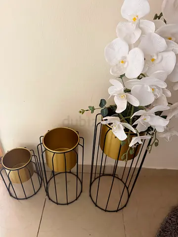 Set of 3 Modern Black & Gold Metal Plant Stands with Pots