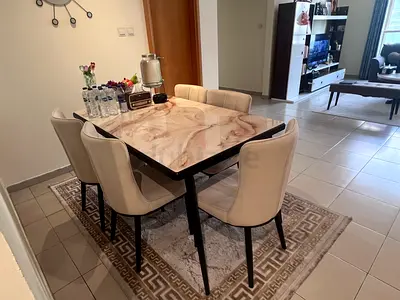 6-Seater Marble-Top Dining Table with Chairs - Light Beige