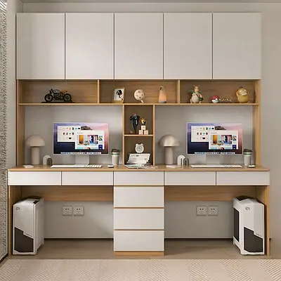 Modern Double Study Desk with Overhead Cabinets and Shelves