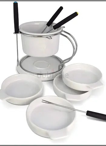 Porcelain Fondue Set with Stand and Forks - Good Condition