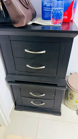 Pair of dark wood bedside tables with drawers - sturdy condition
