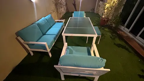 White Aluminum Outdoor Sofa and Dining Set with Teal Cushions - Good Condition. Negotiable