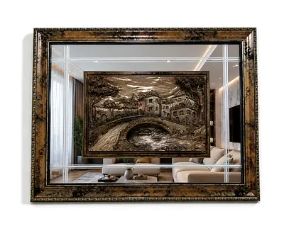 Framed Bronze Relief Wall Art - Vintage Village Scene