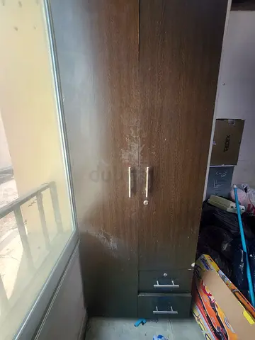Dark wood 2-door wardrobe with drawers — good solid condition