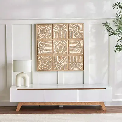 Low Profile Wooden TV Console / Entertainment Unit - White & Oak Finish